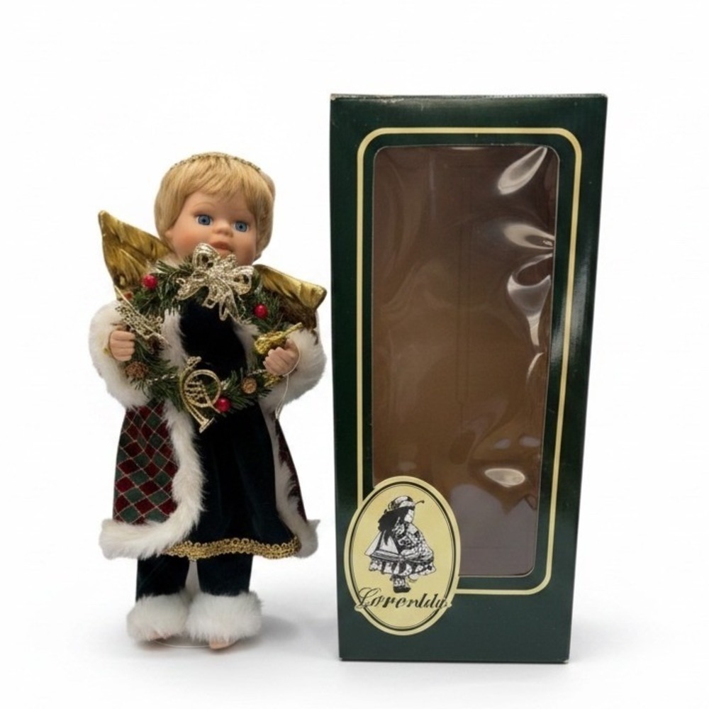 Vintage Geppeddo Christmas Angel Porcelain Doll Holiday Green Gold Wreath Wings
